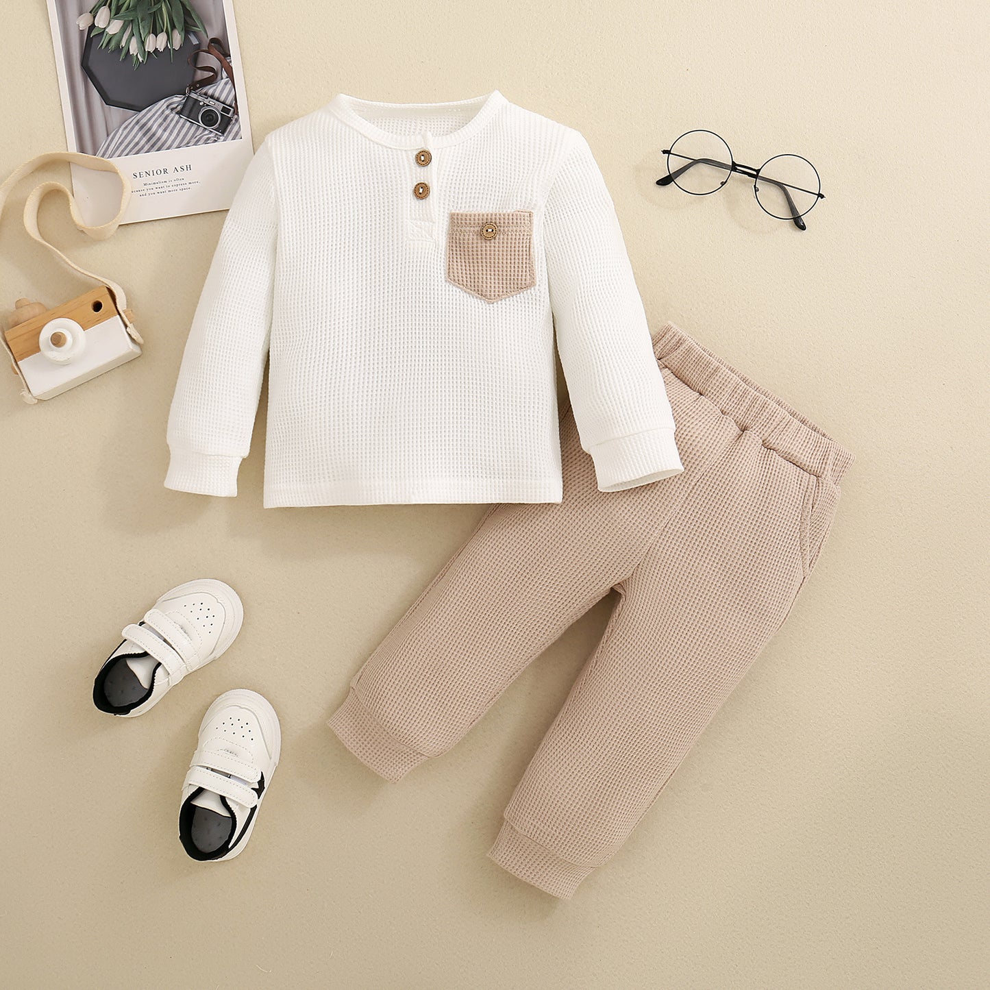Combinaison pantalon à manches longues épaisse en tissu gaufré pour bébé