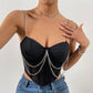 Mesh Sheer Deep V-Neck Asymmetrical Underwire Fishbone Backless Chain-Strap Top