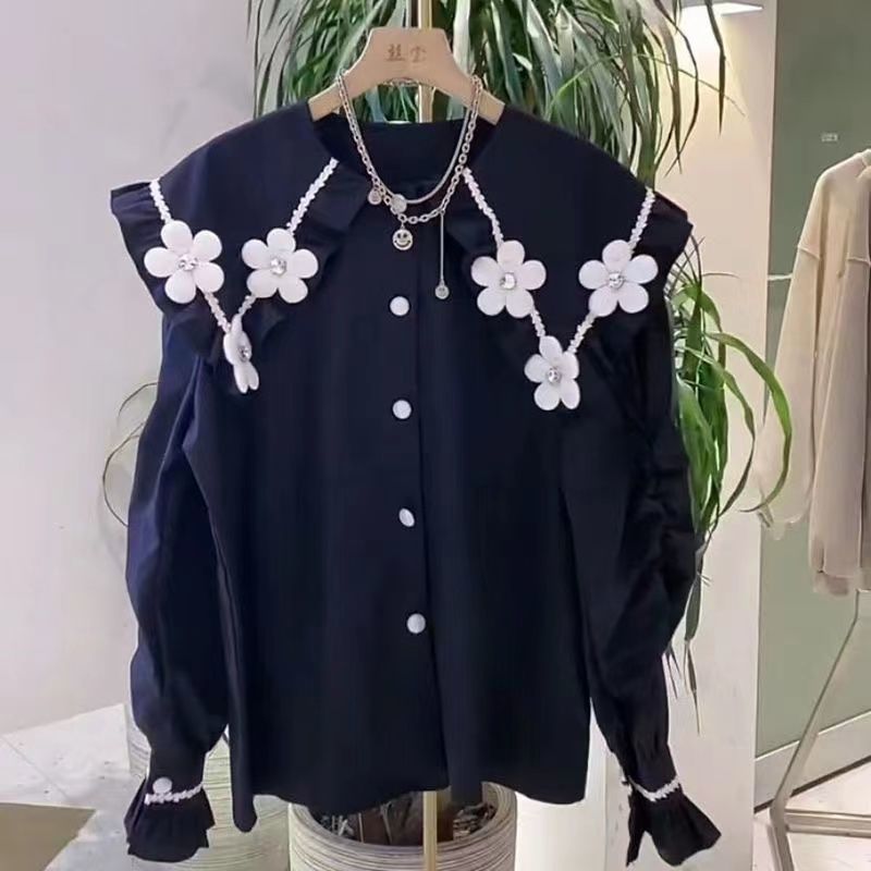 Design Sense Beaded Flower White Shirt Women