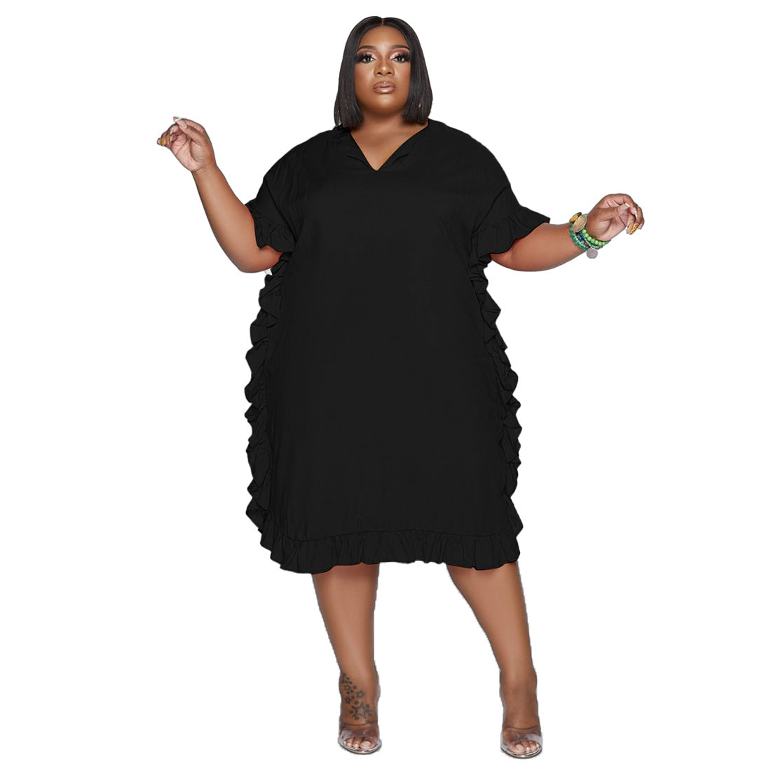 Fashionable Loose-fit Solid-color Casual Dress With V-neck And Ruffled Hem