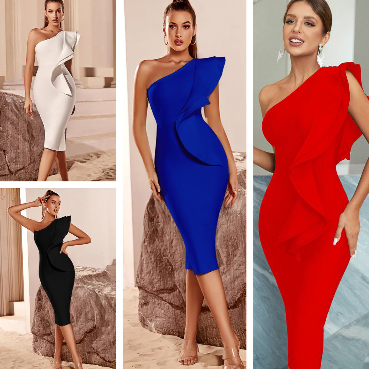 Robe bandage mi-longue en tricot à manches volantées et coupe ajustée