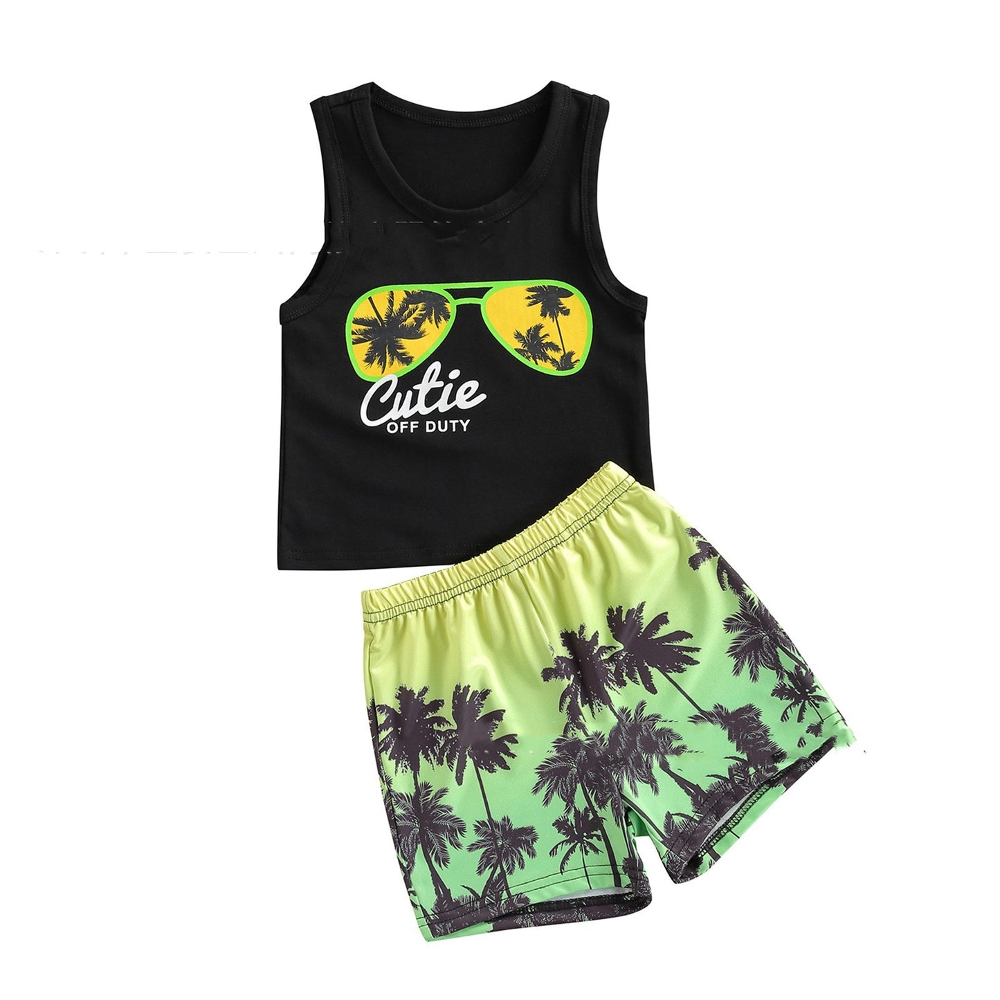 Boys Beach Style Glasses Palm Tree Print Vest Shorts Set