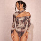 Long-sleeve Printed Sexy Off-shoulder Asymmetrical Halter Bodysuit