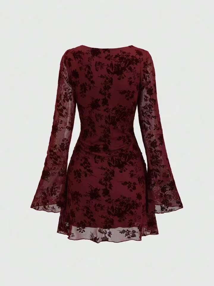 Spice Girl Mesh Flocked Crew Neck Flare-Sleeve Dress