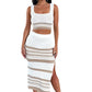 Summer New Sleeveless Vest Slit Striped Skirt Knitting Suit