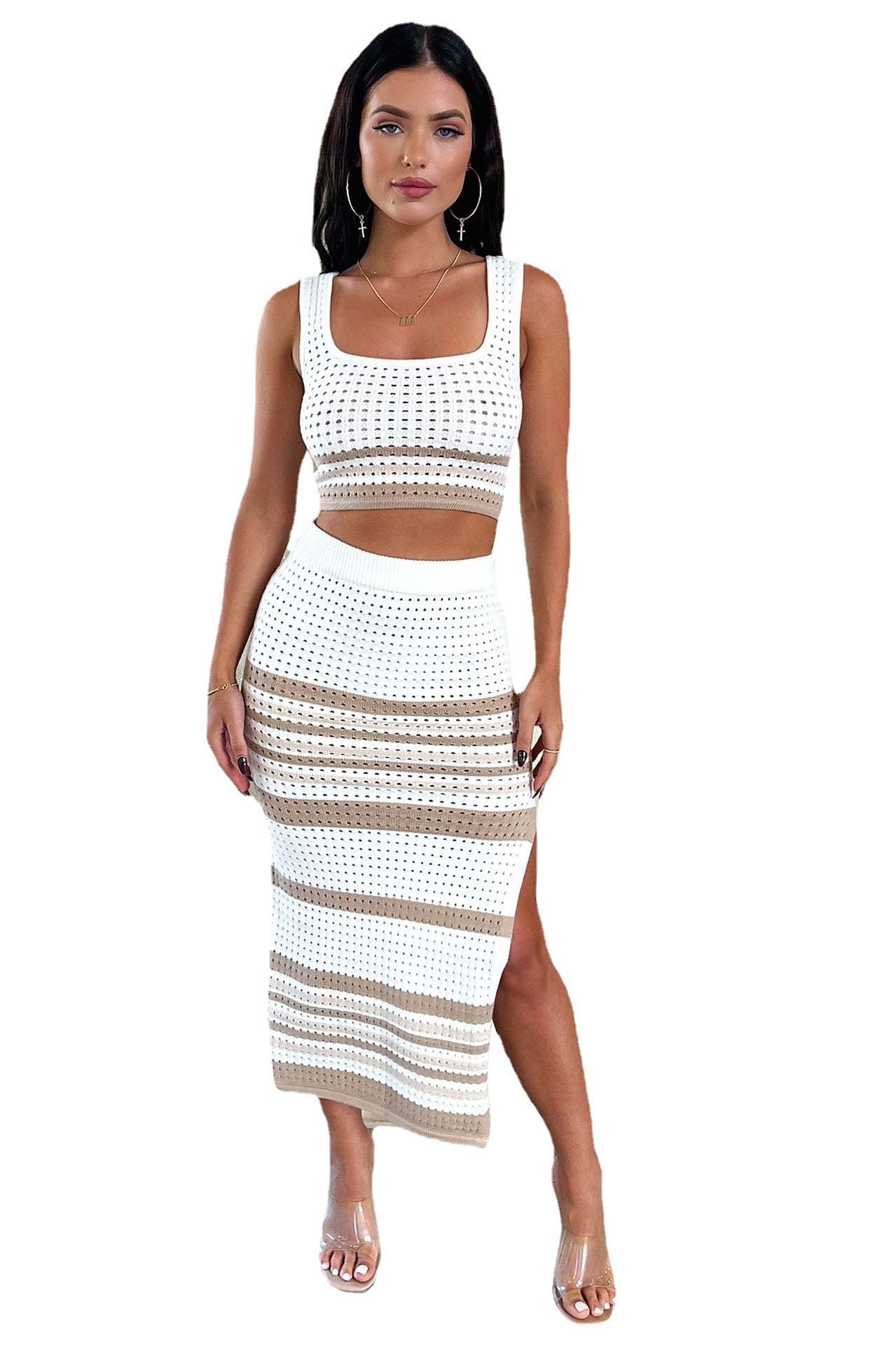 Summer New Sleeveless Vest Slit Striped Skirt Knitting Suit