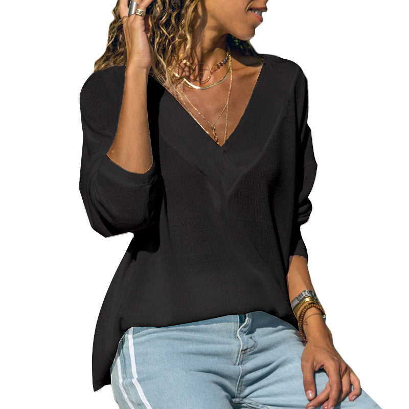 Solid Color V-neck Long-sleeved Knitted Sweater