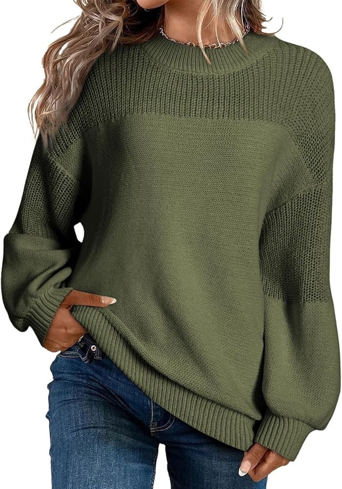 Solid Color Lantern Sleeve Pullover Round Neck Sweater