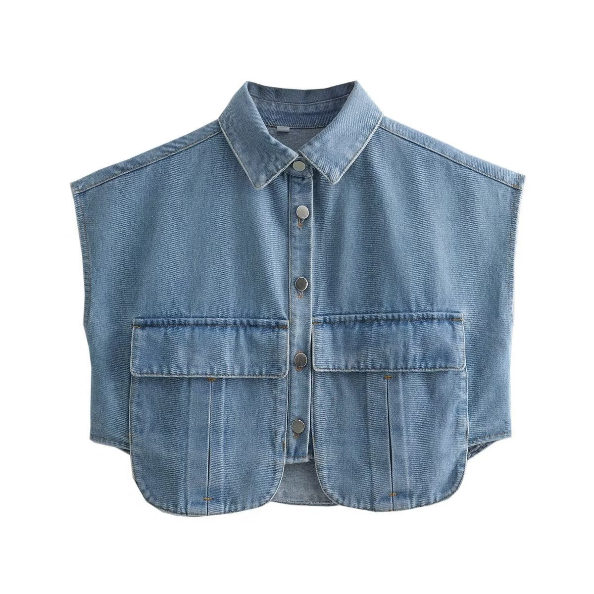Fall Women's Clothing Double Pocket Decorative Denim Top
