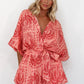 Women's Printed Lace Up Waist-tight Cardigan 5-point Sleeve One-piece Shorts