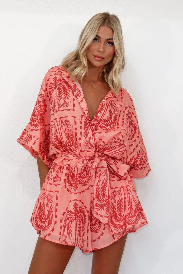 Women's Printed Lace Up Waist-tight Cardigan 5-point Sleeve One-piece Shorts