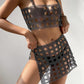 Fishnet Rhinestone Halterneck With Suspenders Hollow Vest Skirt