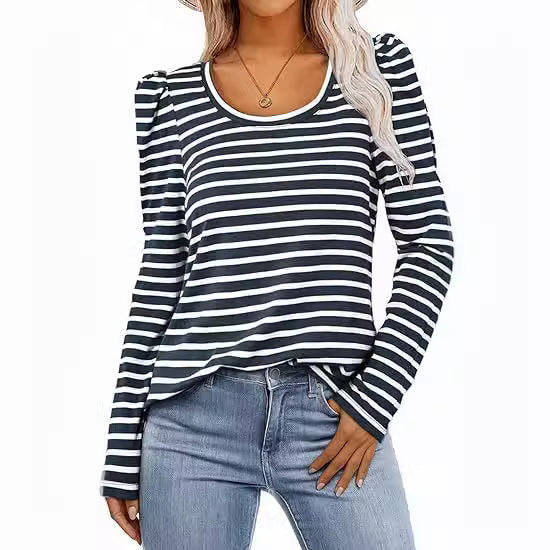 Women's Long-sleeved Round Collar T-shirt Puff Sleeve
