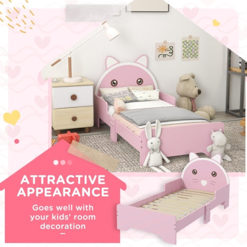 ZONEKIZ Bed For Kids Cat Design Toddler Bed Frame Bedroom Furniture With Guardrails, For 3-6 Years, 143L X 74W X 72Hcm - Pink