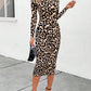 Printed Leopard Print Round Neck Cashmere Long Sleeve Slim Fit Dress