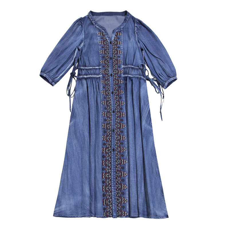 Women's Loose Mid Length Embroidered Drawstring Denim Skirt