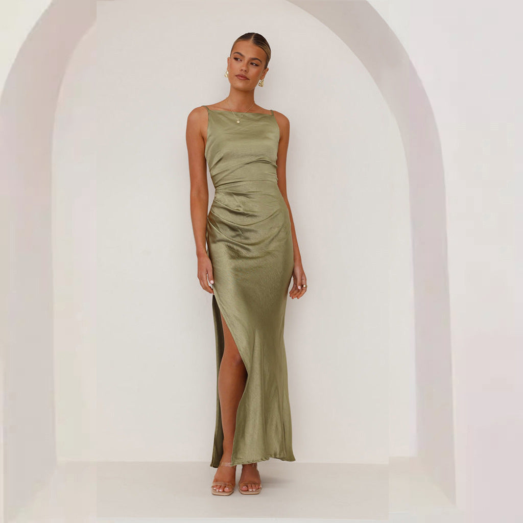 Solid Color Backless Slit Mid-length Sleeveless Sling Dress