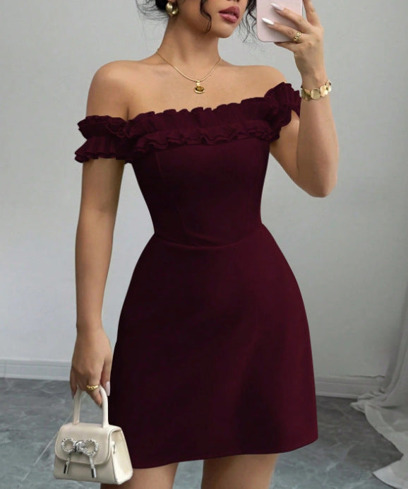 American Retro Socialite Off-neck Temperament Adult Lady Like Woman Design Sense Hip-wrapped Short Dress