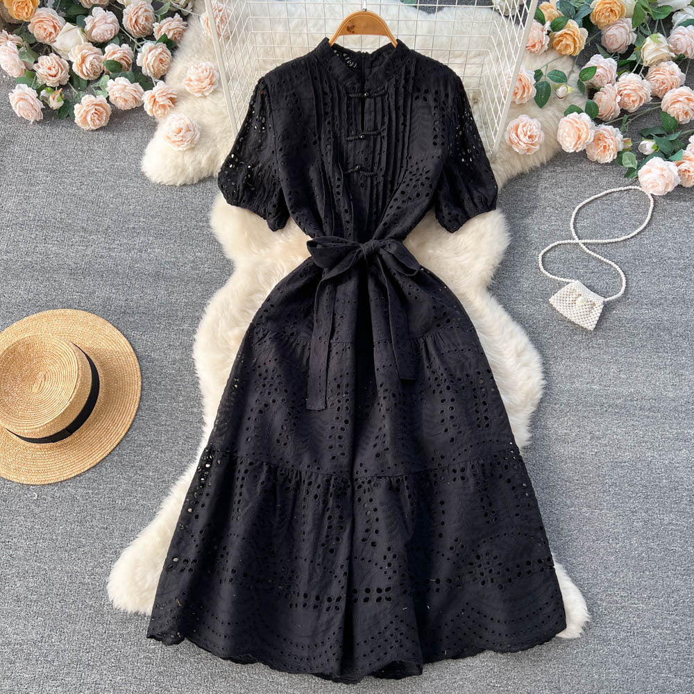 Women's Temperament Fashion Waist-slimming Hollow Bubble Short-sleeved Dress