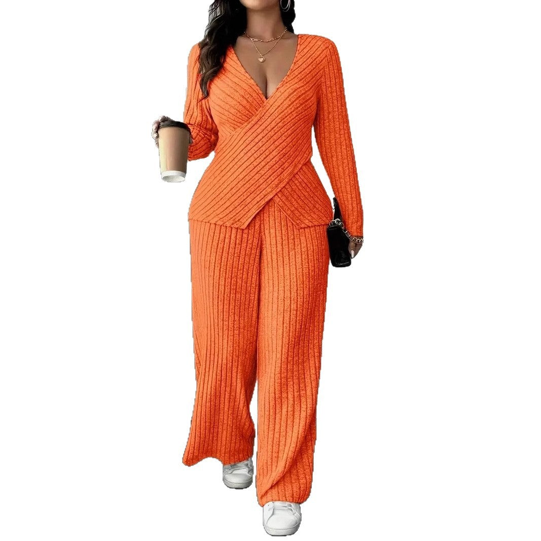 Womens Knitted V-Neck Jumpsuit With Wide-Leg Pants