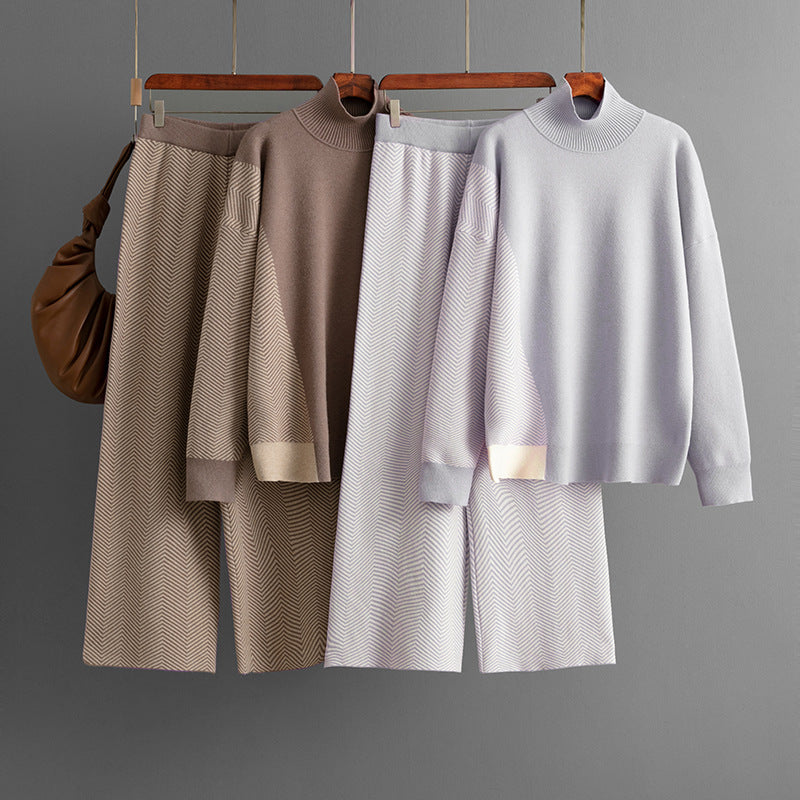 Half Turtleneck Loose Knitted Top Wide Leg Pants Two-piece Set