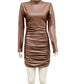 Robe fourreau moulante sexy en similicuir à manches longues et col montant pour femme