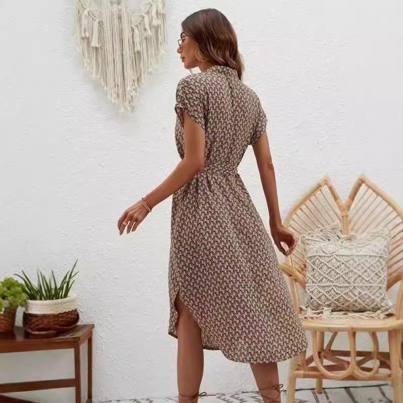 Fashion Printed Waist Control Sleeve V-neck Slim Dress