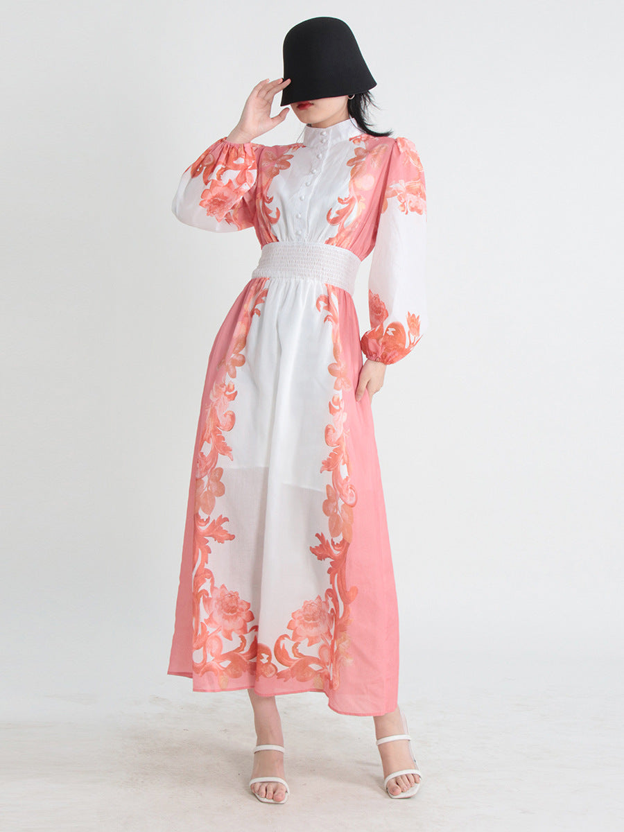 Robe trapèze d'été à col rond et manches longues, taille élastique et simple boutonnage pour femme