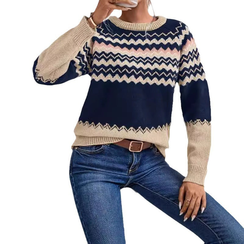 Pull à col rond pour femme, style européen et américain, tricot classique à rayures assorties