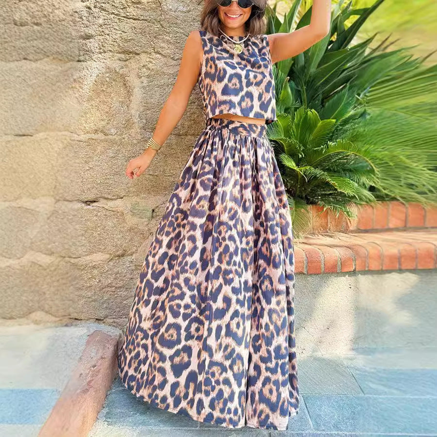 European And American Leisure Leopard Print Top Skirt Two-piece Suit