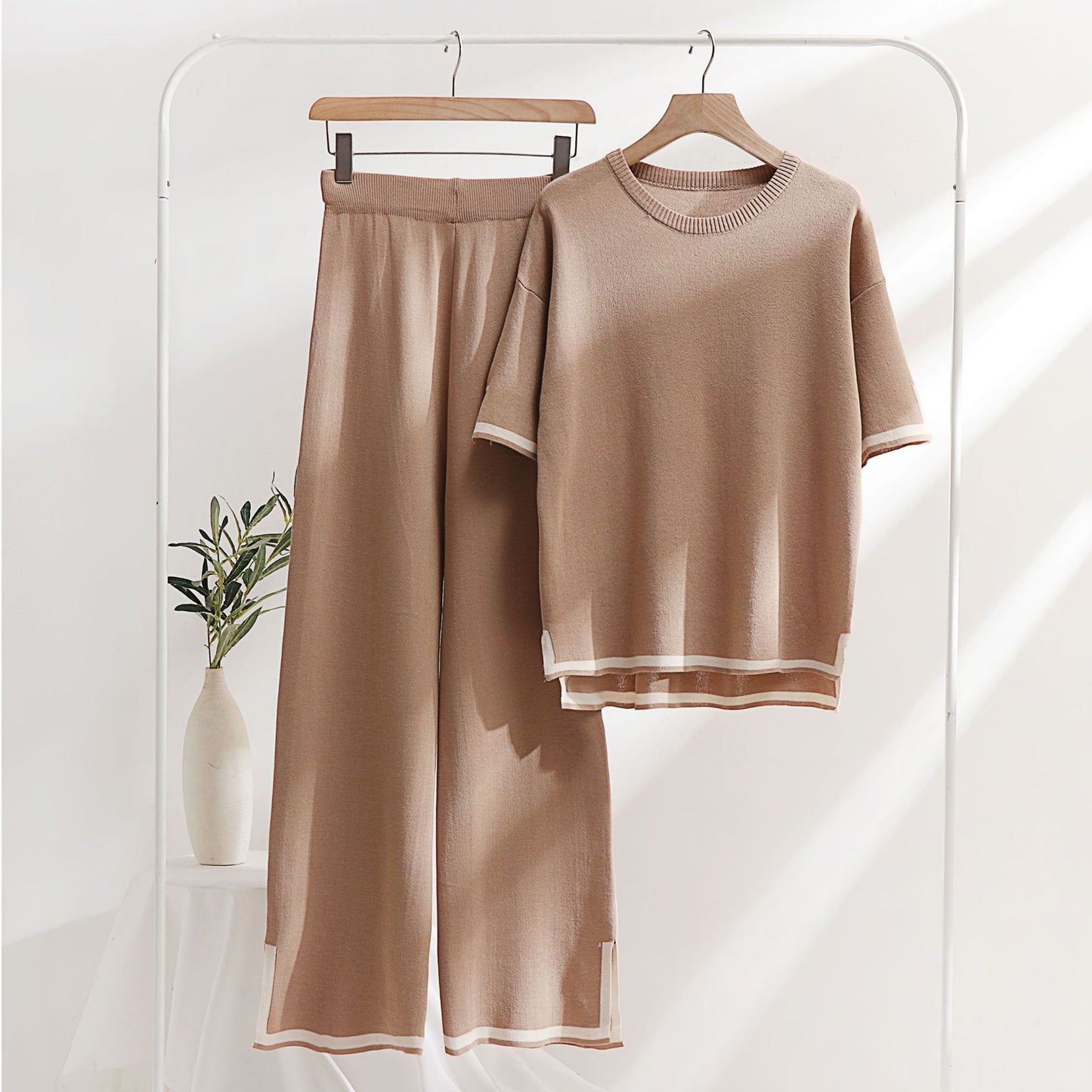 Ensemble deux pièces en tricot de soie glacée de style classique pour femme, printemps et été