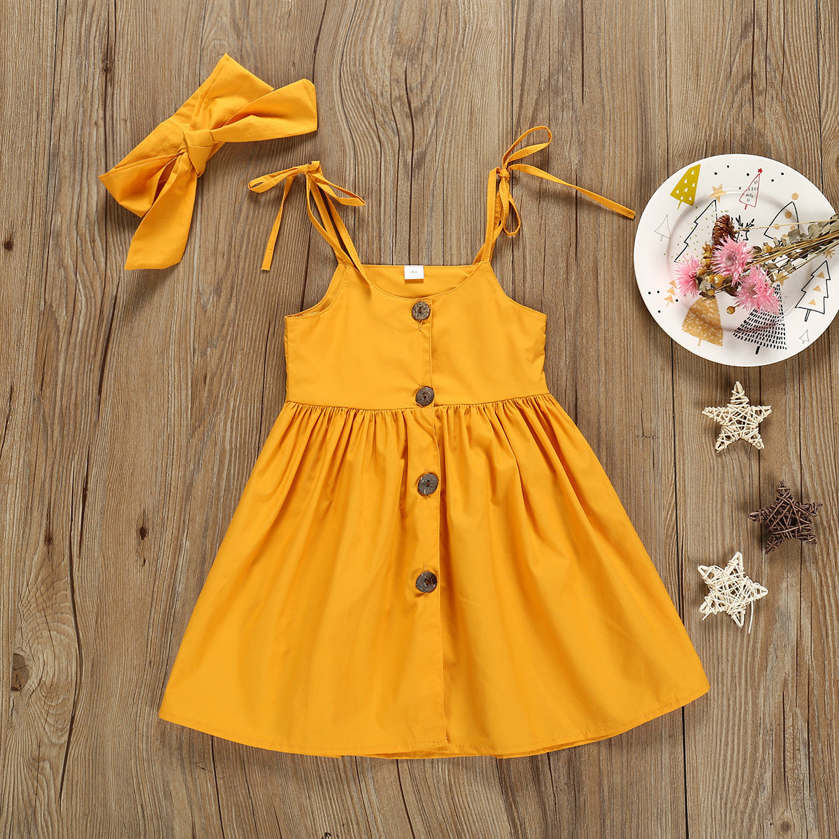 Girls' Solid Color Sling Dress Headdress Two Piece Set