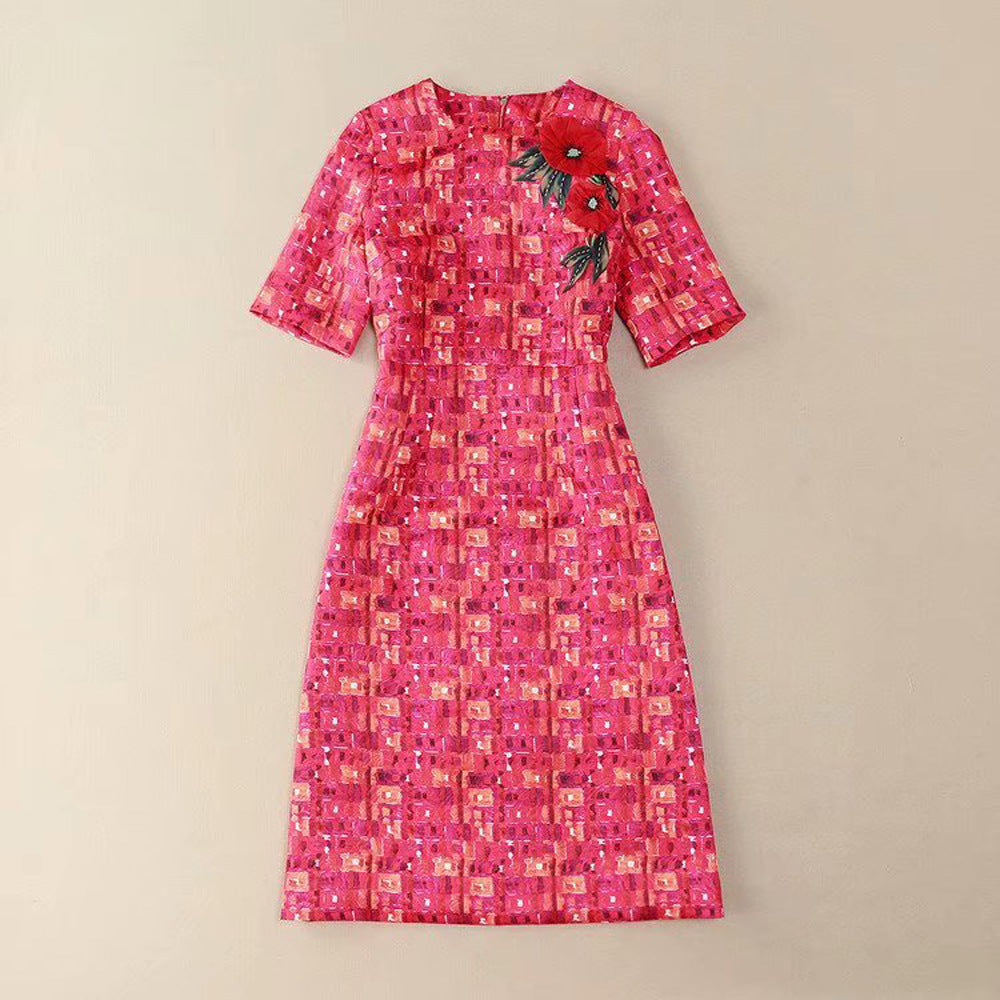 Three-dimensional Jacquard Patterned Plaid Medium Length Dress