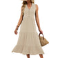 Spring Summer New Solid-Colored V-Neck Buttoned Sleeveless Long Pleated Dress
