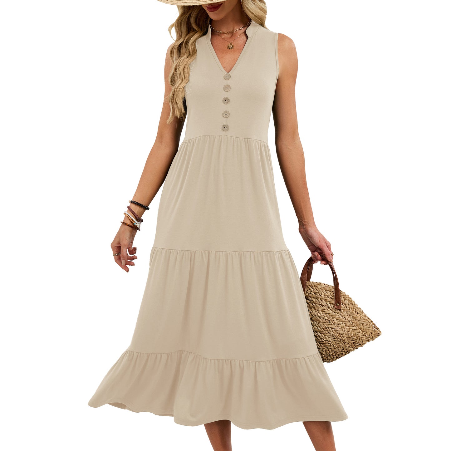 Spring Summer New Solid-Colored V-Neck Buttoned Sleeveless Long Pleated Dress