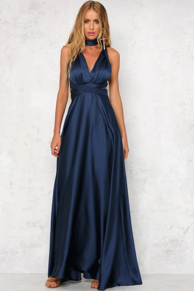 Deep V-neck Sleeveless Lace-up Backless High Waist Large Swing Satin Dress