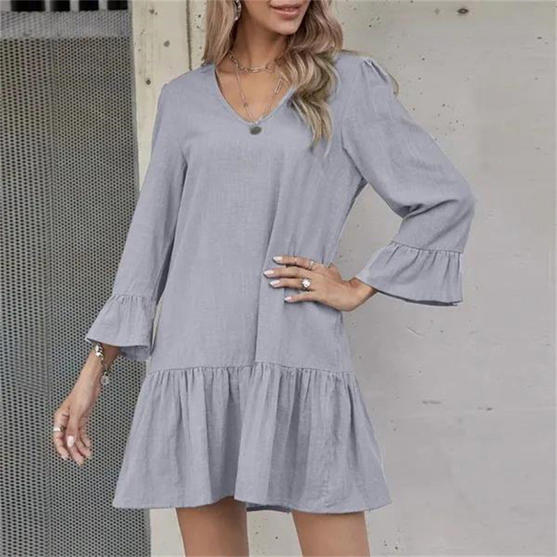 Robe ample à col montant pour femme, couleur unie, plissée, en coton et lin
