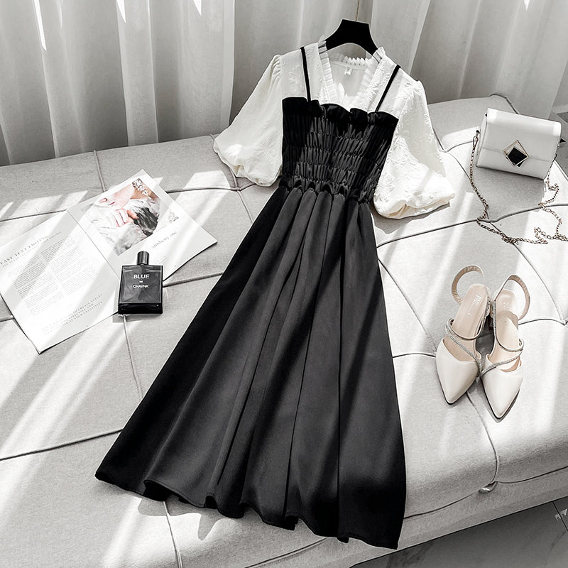 Bubble Sleeves Hepburn Little Black Lace Splice Dress