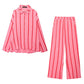 Summer Stripes Bubble Cotton Loose Casual Shirt Loose Casual Wide Leg Pants Suit