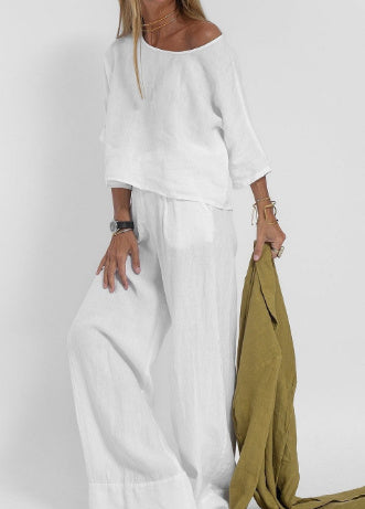 Ensemble pantalon large décontracté en coton et lin pour femme, manches courtes