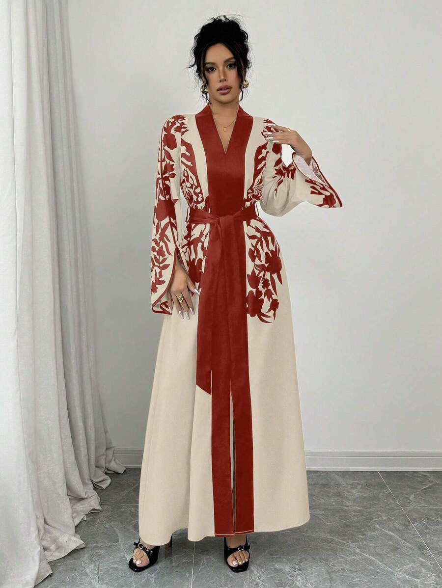 Women's V-neck Long Cardigan Printed Flared Long-sleeve Lace-up Dress