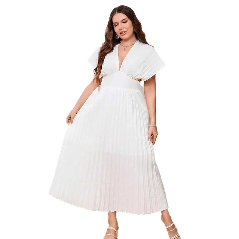 V-neck Bat Sleeve Slim-fit Pleated A- Line Dress