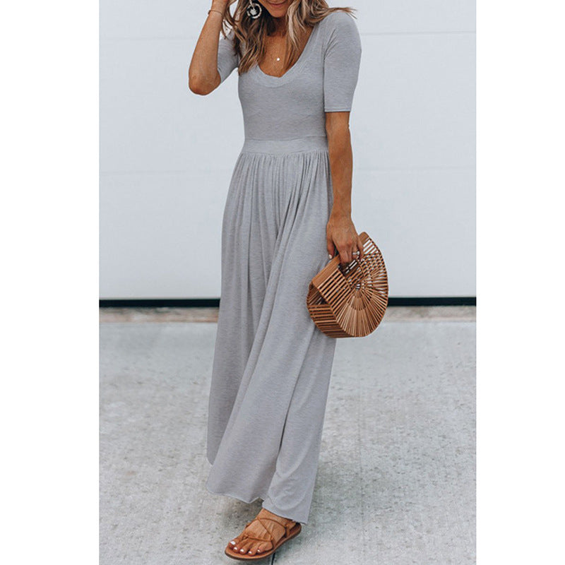 New Round Neck Short Sleeve Long Jumpsuit