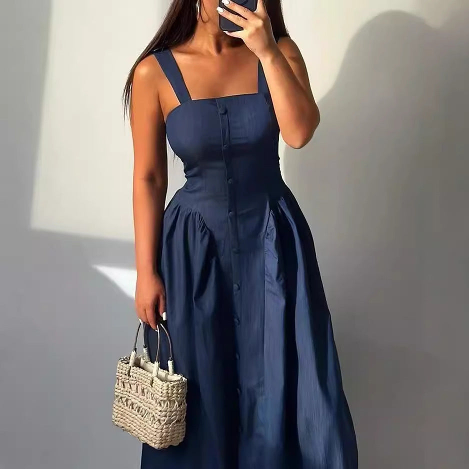 New Women's Fashion Casual Sleeveless Solid Color Waist Tight Dress
