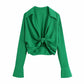 Women's Side Zipper Long Sleeve Top Fashion Knotted Cropped Top