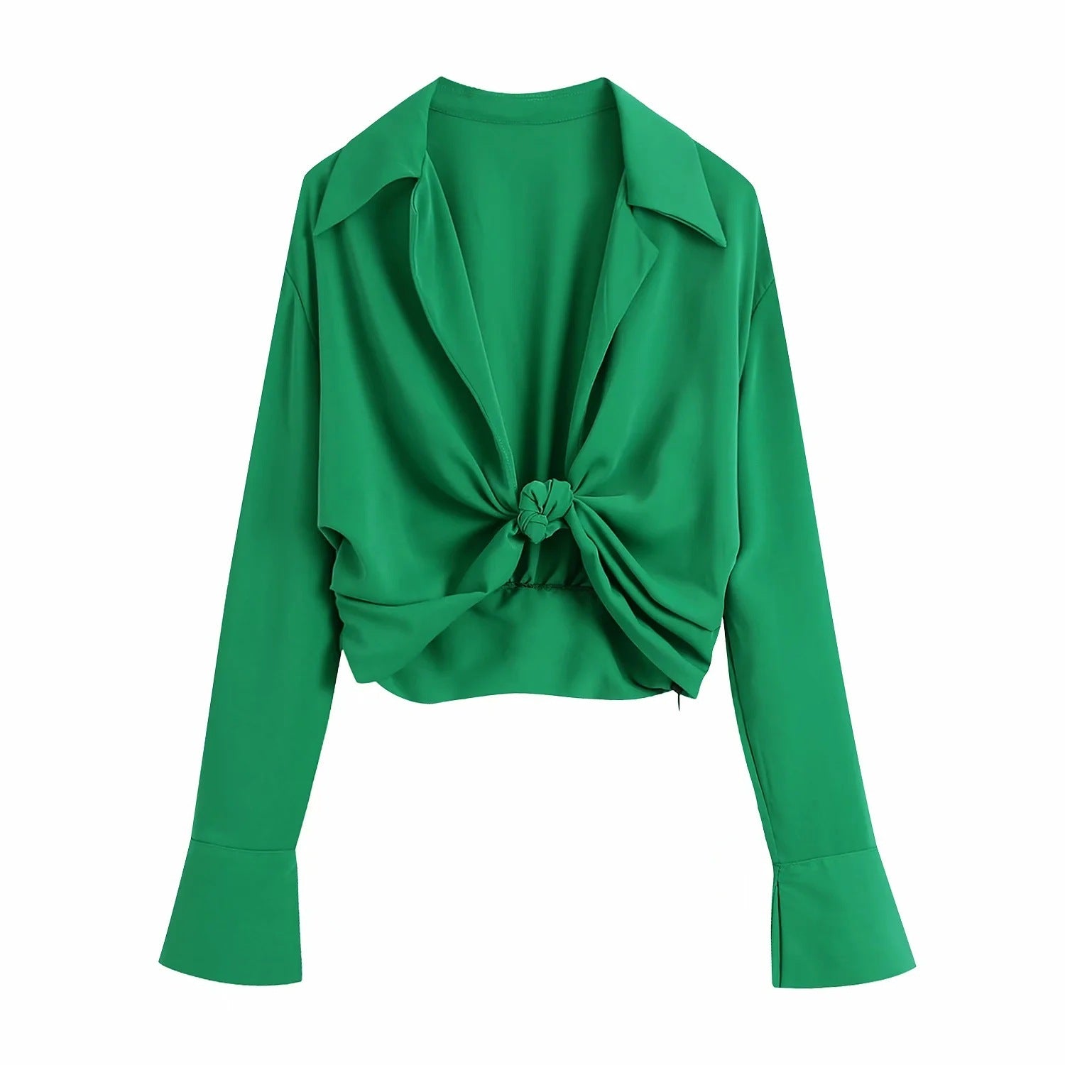 Women's Side Zipper Long Sleeve Top Fashion Knotted Cropped Top