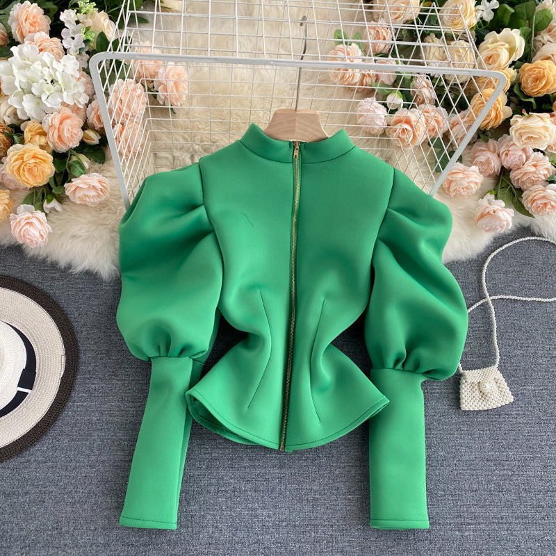 Women's Long Solid Color Puff Sleeve Top
