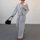 Striped Lapel Fashionable Knitted Loose Long Sleeve Top Casual Trousers Suit