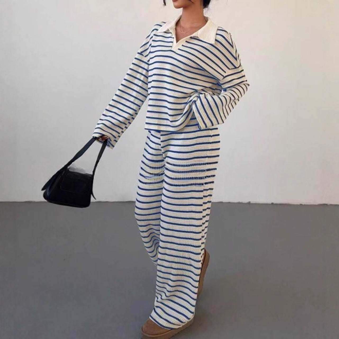 Striped Lapel Fashionable Knitted Loose Long Sleeve Top Casual Trousers Suit