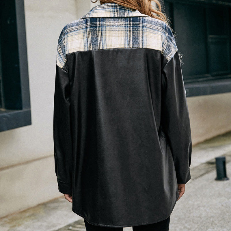 Loose Plaid Color Matching Shirt Casual Double Pocket Plaid PU Stitching Shirt Jacket Jacket